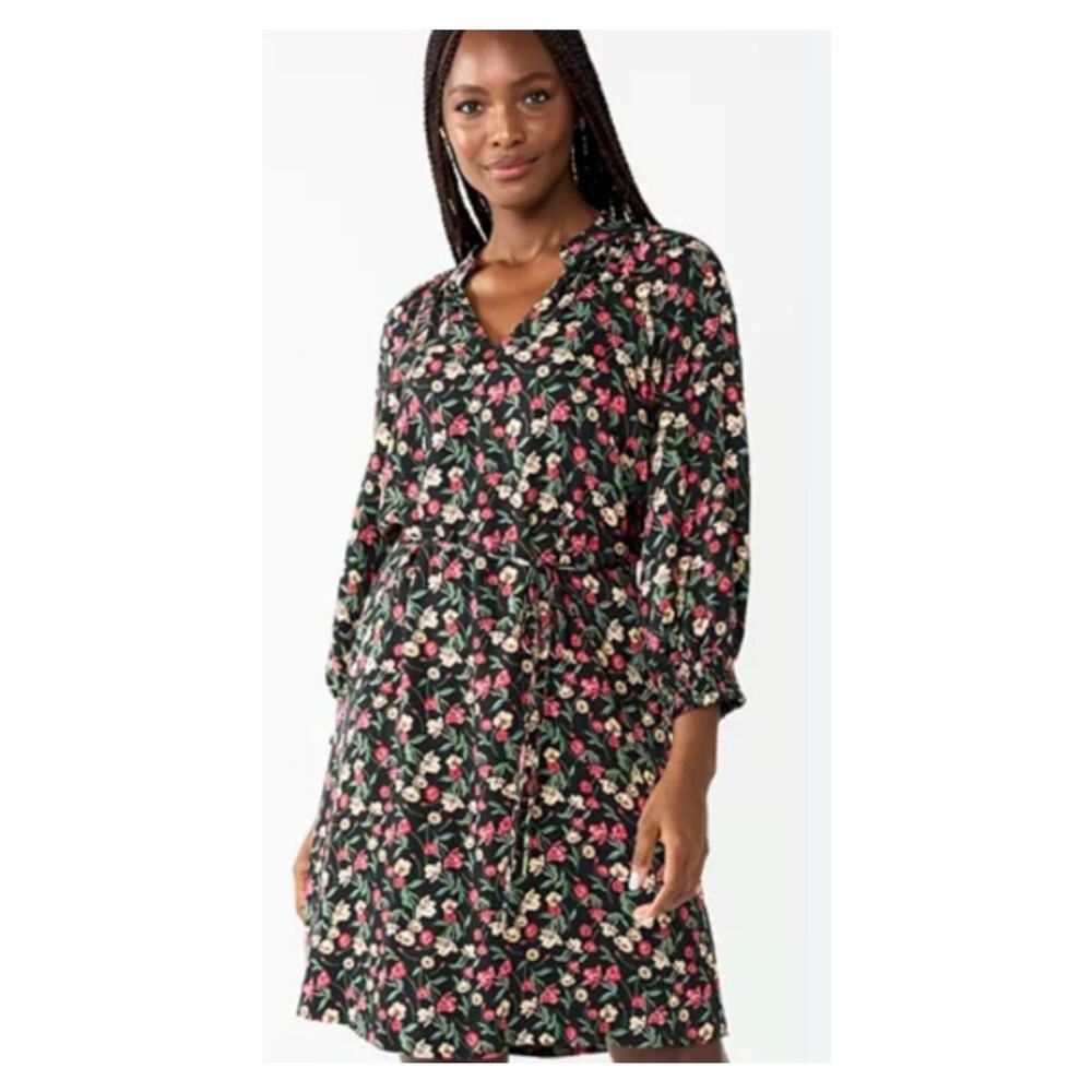 Draper James RSVP Floral Dress Black Pink Long Sleeve V Neck Mini L